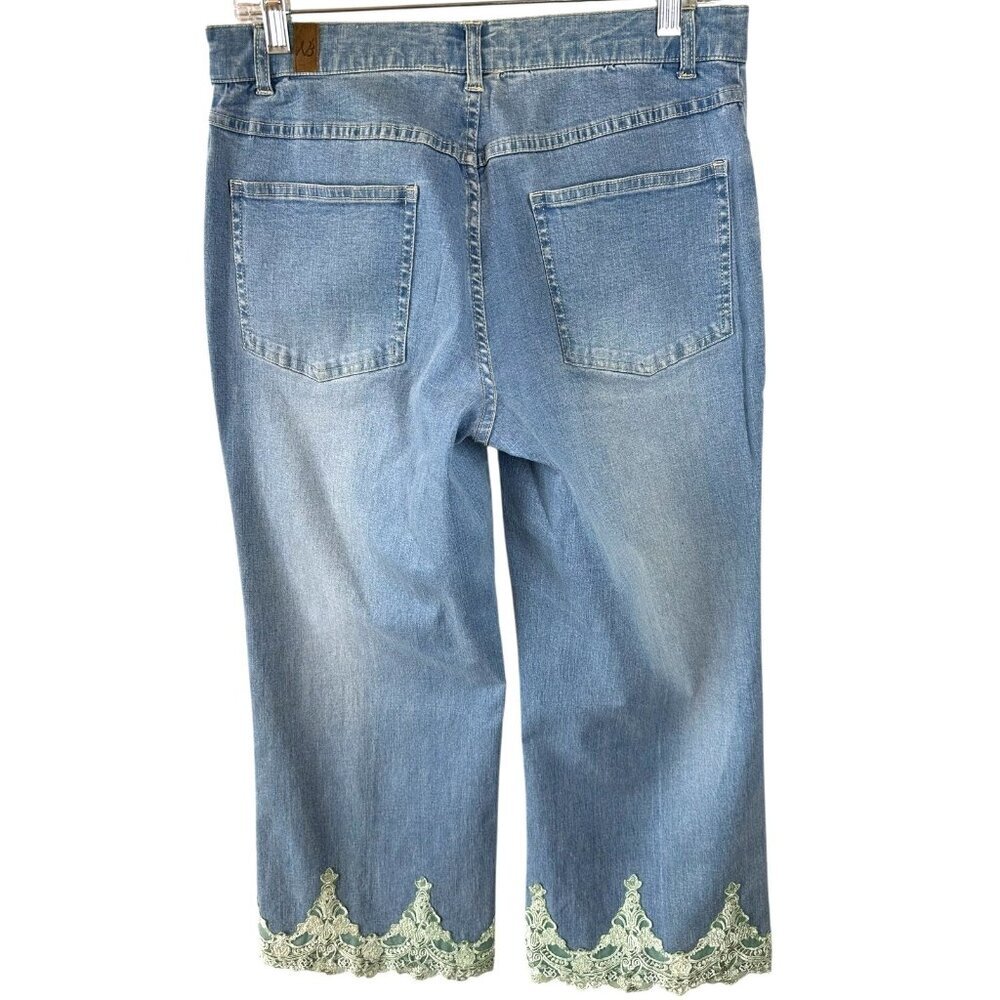 Nancy Bolen Denim Lace Trim Cropped Jeans Light Wash Size 6 Capri - Picture 2 of 5